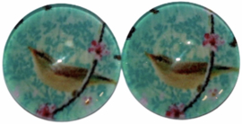 Glas flatback cabochon 12 mm vogel op tak, 2 stuks