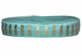 Elastisch band turquoise met gouden ananassen 16 mm per 0,5 meter