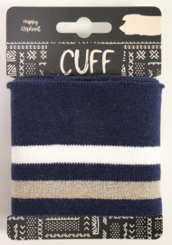 Cuff two stripes donkerblauw- offwhite/glitter beige 7x110 cm