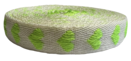 Keperband ecru met hartjes knalgroen 16 mm, per 0,5 meter