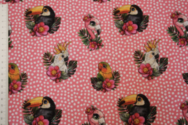 Tricot digitale print : roze met witte stipjes met tukan/papegaai (Stenzo) per 25 cm