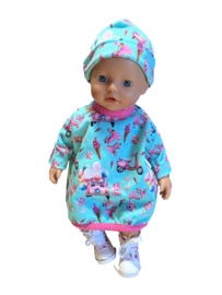 Setje: ballonjurk aquablauw met rolschaatjes ed+ mutsje My little baby born