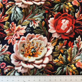 Tricot (digitale print): Flower Embroidery zwart/rood, per 25 cm