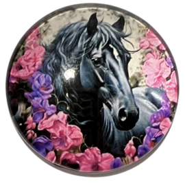 Glas cabochon 25mm: Paard met bloemen roze/paars