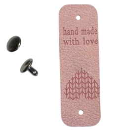 Kunstleer labeltje hand made with love 20x63 mm, lichtroze
