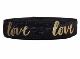 Elastisch band zwart met goud love: 10 meter!