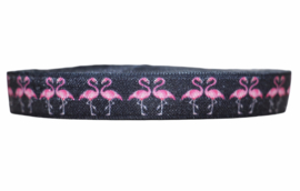 Elastisch band zwart met roze flamingo 16 mm per 0,5 meter