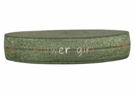 Elastisch band groen flower girl gouden tekst 16 mm per 0,5 meter