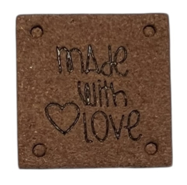 Kunstleer labeltje made with love 25x25 mm, bruin