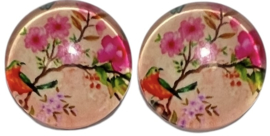 Glas flatback cabochon 12mm vogeltje roze, per 2 stuks