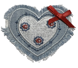 Applicatie jeans hart met rood strikje, 65x60 mm