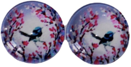 Glas cabochon 12mm vogel blauw: per 2 stuks