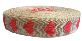 Keperband ecru met hartjes knalroze 16 mm, per 0,5 meter