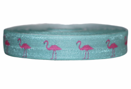 Elastisch band mint/aquablauw met roze flamingo 16 mm per 0,5 meter