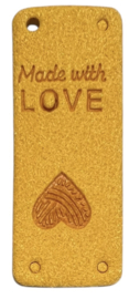 Kunstleer labeltje made with love 20x50 mm, maïsgeel