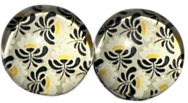 12 mm glas cabochon bloem geel donkergroen, per 2 stuks