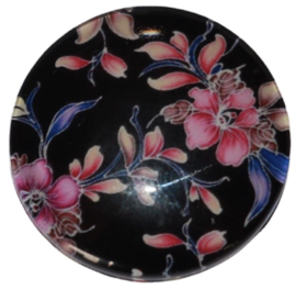 Glas cabochon 25mm: zwart met roze bloemetjes