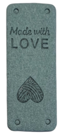 Kunstleer labeltje made with love 20x50 mm, petrol