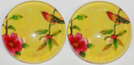 Glas flatback cabochon 12 mm vogel op tak geel , 2 stuks