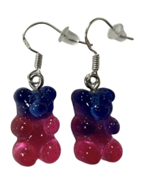 Oorbelletjes glitter blauw-fuchsia snoepbeertjes