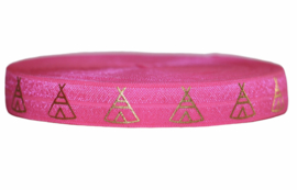 Elastisch band neonroze met gouden tipi tent 16 mm: 5 meter!