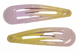 Klik klak haarspeldje geel-lichtroze met glittertje 5cm, per stuk