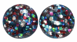 Flatback cabochon glitter roze/blauw/zilver 12 mm, per 2 stuks