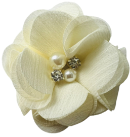 Stoffen bloem 6 cm met kraaltjes en rhinestones, creme