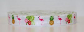 Elastisch band wit flamingo ananas en bloemen 16 mm: 5 meter!