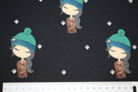 Digitale print French Terry tricot : meisjes met muts zwart (Stenzo), per 25 cm