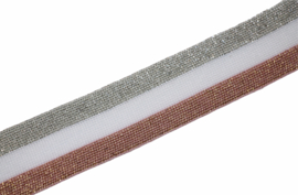 'Broek' streep: lurex- oudgroen/wit/roestbruin gebreid band +/- 25mm, per 0,5 meter