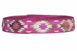 Elastisch band tribal, fuchsiaroze wit en goud 16 mm per 0,5 meter