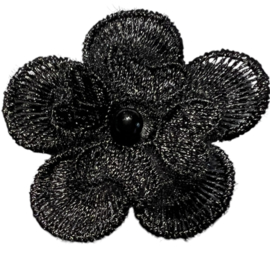 Bloem geborduurd zwart met kraaltje 45mm