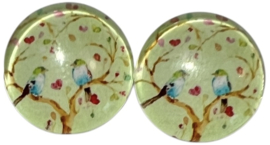 Glas flatback cabochon 12mm vogeltjes lichtgroen, per 2 stuks