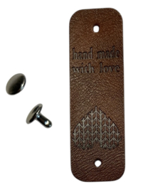 Kunstleer labeltje hand made with love 20x63 mm, donkerbruin