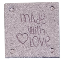 Kunstleer labeltje made with love 25x25 mm, lila