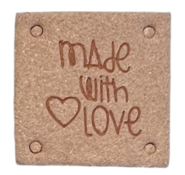 Kunstleer labeltje made with love 25x25 mm, lichtroze