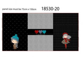 Panel digitale French terry tricot: 3 luik, meisjes met muts op zwart  75x150 cm Stenzo