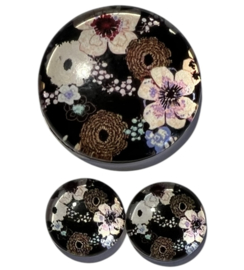 12 mm glas cabochon zwart gebloemd, per 2 stuks