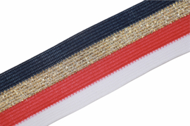 'Broek' streep: wit-rood-goud lurex-donkerblauw 40mm, per 0,5 meter