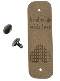 Kunstleer labeltje hand made with love 20x63 mm, beige