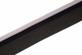 'Broek' streep: wit/donkerblauw/antraciet gebreid band +/- 25mm, per 0,5 meter