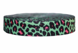 Elastisch band turquoise roze panterprint 16 mm, per 0,5 meter