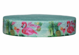 Elastisch band lichtblauw flamingo/ananas 16 mm per 0,5 meter