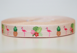 Elastisch band flamingo, ananas en bloemen perzik kleur 16 mm per 0,5 meter