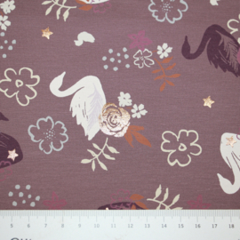 Foil print tricot: swans mauve (qjutie) per 25 cm