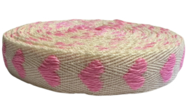 Keperband ecru met hartjes roze 16 mm, per 0,5 meter