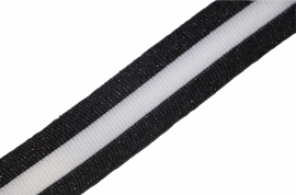 'Broek' streep: lurex zwart-off-white gebreid band +/- 25mm, per 0,5 meter