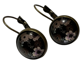 12 mm glas cabochon zwart gebloemd, per 2 stuks