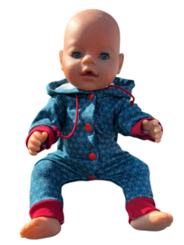 Onesie blauw/rood met fijn bloemmotiefje voor babyborn pop 43 cm